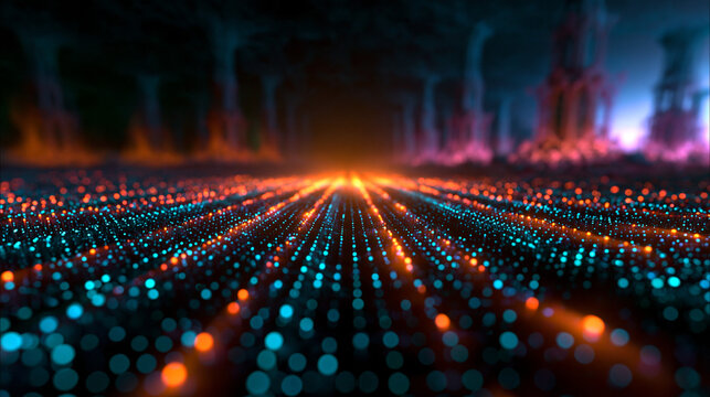Digital Data Network City Landscape with Light Paths