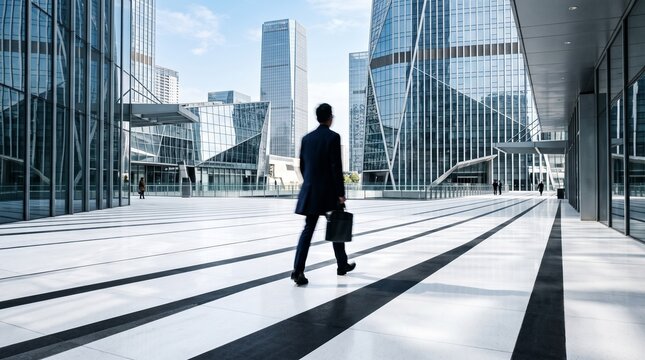 Businessman Walking Through Modern Corporate Plaza