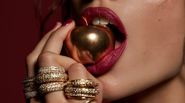 Woman Holding Golden Sphere with Deep Red Lips