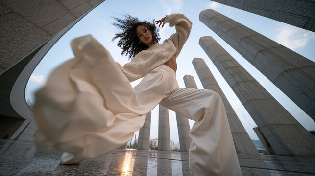 Woman in Flowing White Dress Among Concrete Columns