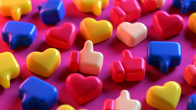 Colorful Heart and Like Icons on Vibrant Pink Background