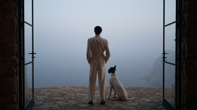 Man in Suit Standing with Dog Overlooking Misty Landscape
