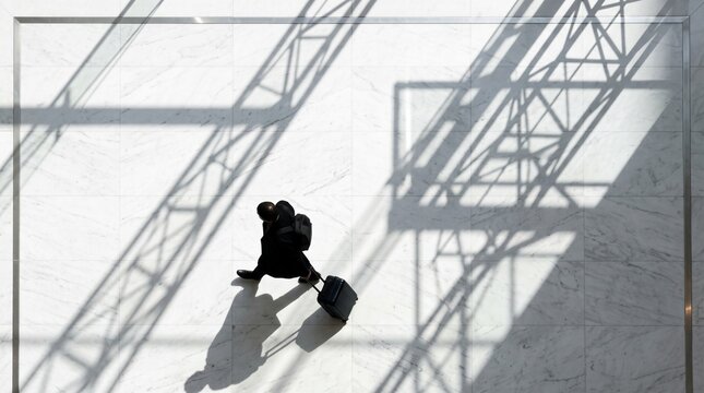 Businesswoman Walking with Luggage in Modern Building