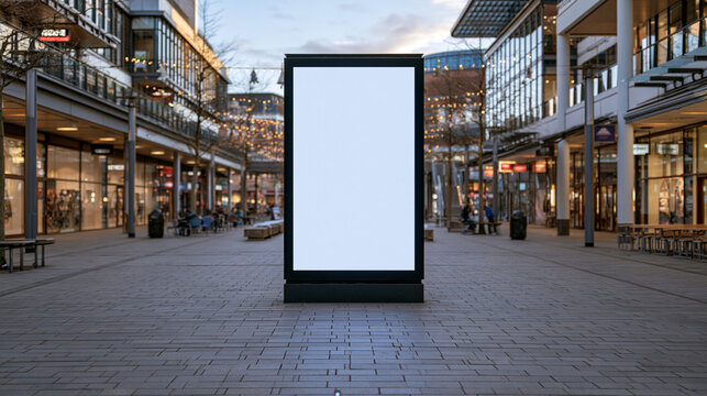 Blank Billboard in Urban Shopping District at Dusk