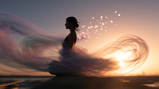 Woman Silhouette With Flowing Fabric at Sunset