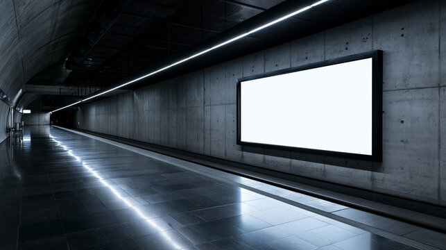 Blank Billboard in Modern Underground Subway Station