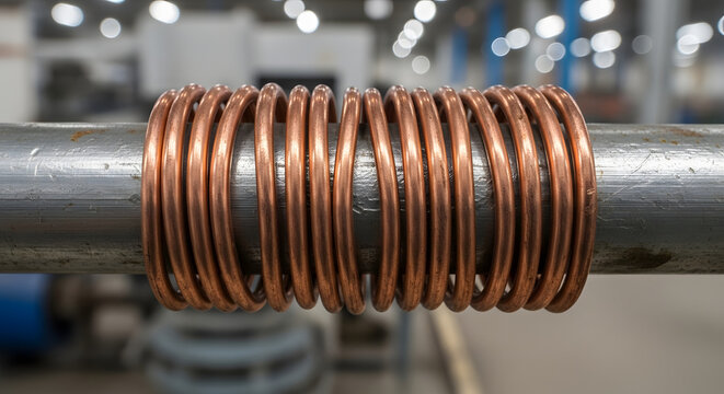Coiled Copper Wire Wrapped Around a Metal Rod in a Factory Industrial Manufacturing Environment