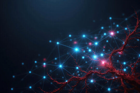 Neural network artificial intelligence digital connection data node abstract background blue light red branch technology science innovation neural network abstract Cybersecurity threat concept
