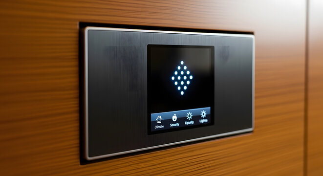 Modern smart home control panel with digital touch screen interface mounted on a wooden wall