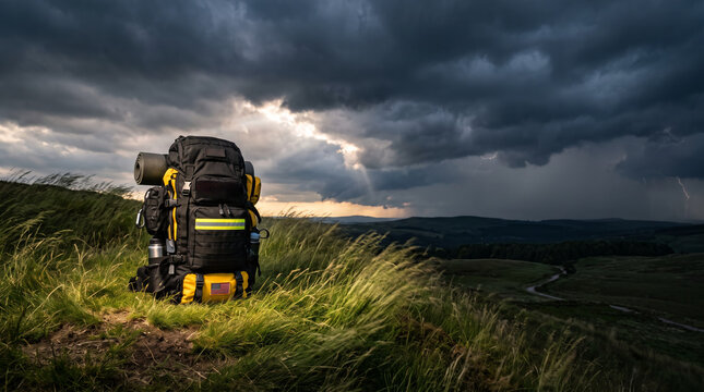 Packed emergency bag on grassy hill beneath dramatic storm clouds