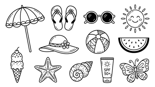 Set of summer beach essentials hand drawn doodles including sun hat and sunglasses with vacation