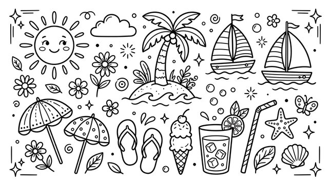Hand drawn summer and beach doodle elements collection for vacation design with vacation, umbrella