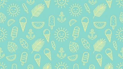 Seamless summer pattern design with hand drawn tropical beach elements ice cream seamless tropical