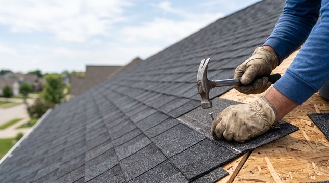 Close up of roofer hands fixing asphalt shingles with hammer and nail on house roof with copy space