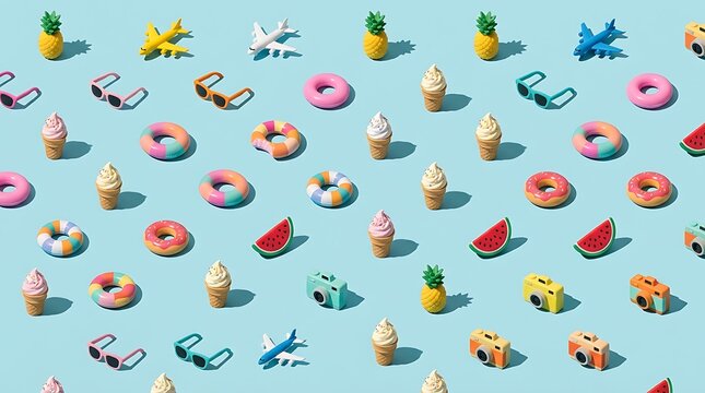 Summer vacation concept flat lay with miniature beach objects on blue background ice cream vacation