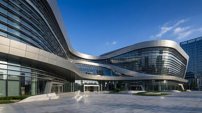 Striking contemporary building featuring a fluid, curved glass and metal facade under a clear blue sky, epitomizing modern architectural innovation and urban development