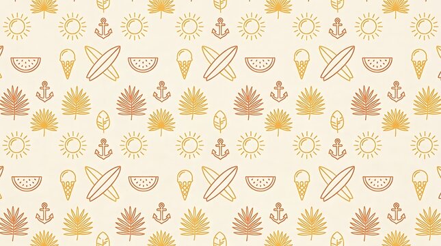 Seamless beach holiday pattern with tropical summer line art icons ice cream seamless tropical