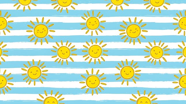 Cute happy sun pattern on blue and white striped background with background cheerful repeating