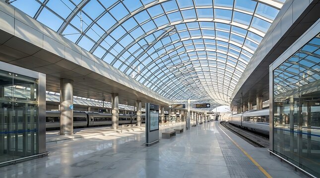 Modern train station platform with a striking glass roof and sleek design, embodying efficient urban transport and contemporary architecture