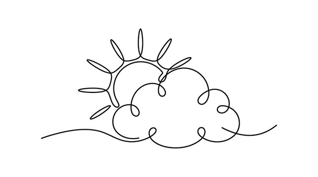 Minimalist continuous line art drawing of the sun emerging behind a fluffy cloud with minimalist