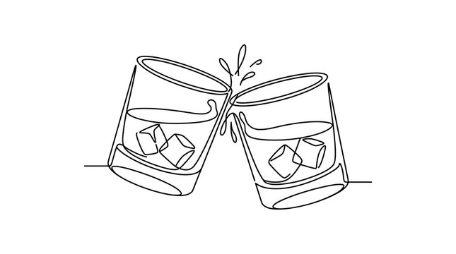 Minimalist continuous line drawing of two glasses toasting with ice cubes celebration beverage