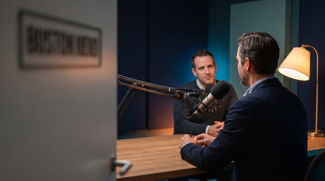 Interviewer and guest recording a conversation in a modern audio studio