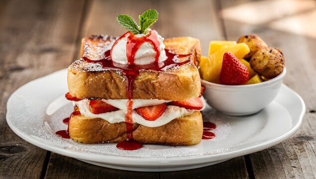 Golden French toast topped with strawberries, cream, syrup and mint, served with fresh fruit for a delicious breakfast or brunch