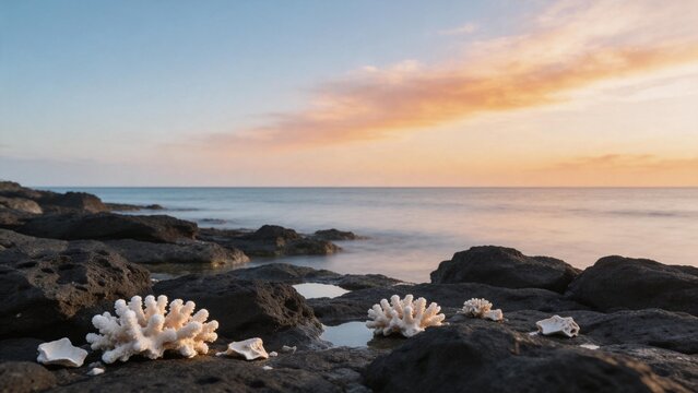 Coral and rocks at sunset by the sea