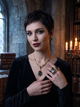 Woman wearing gold statement gemstone necklace in dark interior with candlelight and bookshelves