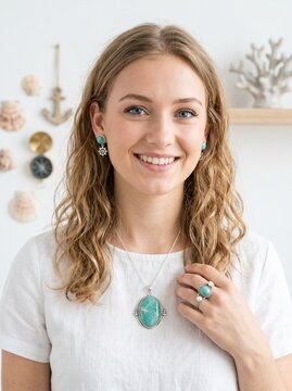 Woman wearing amazonite sea anchor pendant necklace in bright coastal interior decor setting