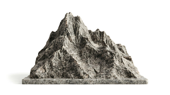 Mountain model is displayed as a miniature textured sculpture on a flat stone base.