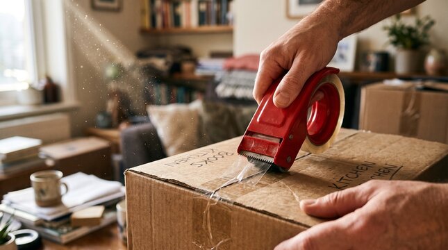 Close-up of Hands Sealing Cardboard Box with Red Tape Dispenser for Moving or Shipping in Sunlit Home