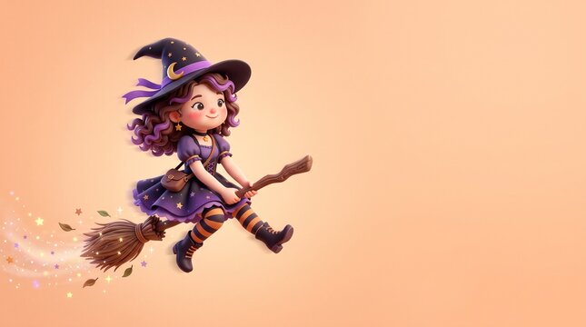 Adorable 3D Halloween witch character flying through the air with space for text on warm orange background