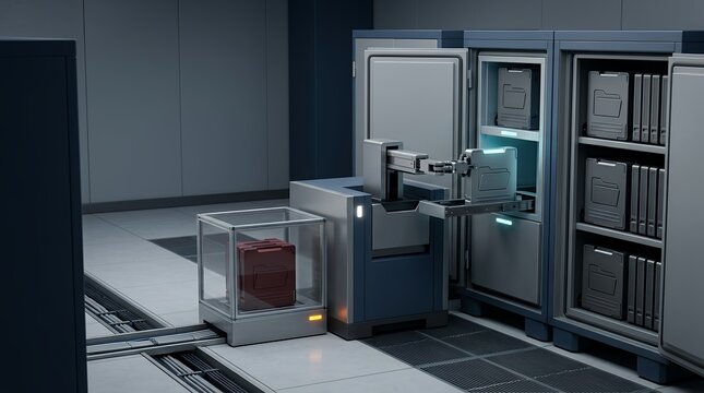 Automated AI server robot sorting data folders inside a secure high tech data center server room facility interior view