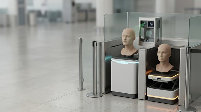 Automated facial recognition gate unit scanning passenger identification models in bright open concourse with glass barrier partition