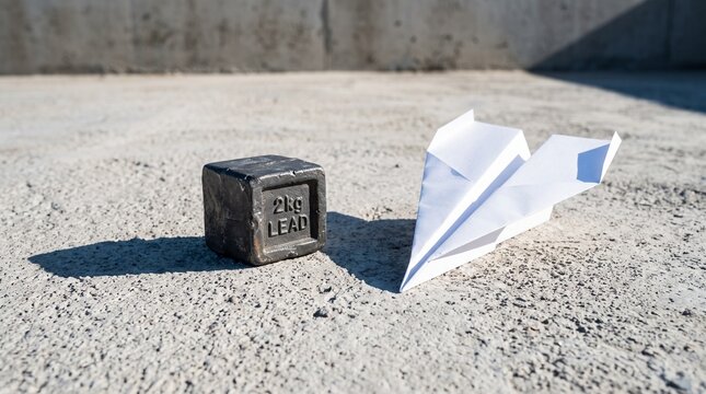 Heavy 2kg Iron Weight and Light Paper Airplane on Solid Concrete Background, Concept of Contrast and Agility