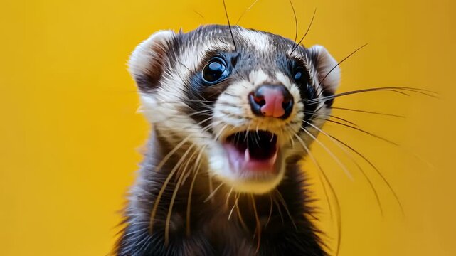 Curious Ferret Face: A close-up portrait of a ferret with bright eyes and an open mouth against a warm yellow background, its whiskers fanned out.