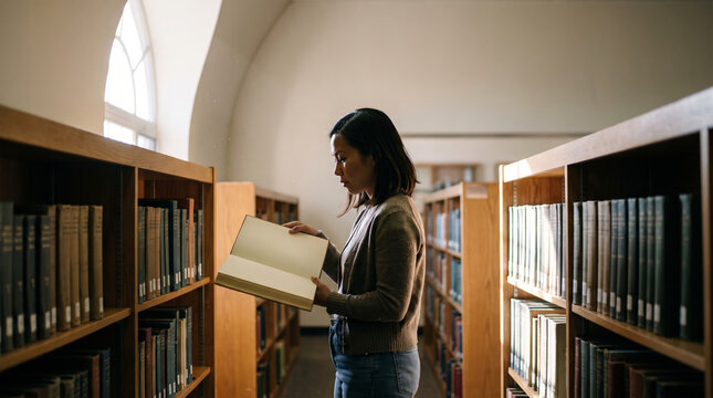 Filipino American researcher exploring books in a university library