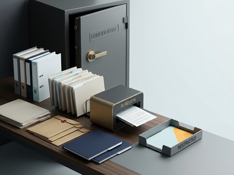 Secure Office Safe Open Beside An AI Review Scanner Document Sorting Station With Ring Binders And Restricted Inbox On A Wood Table