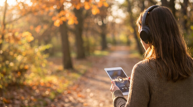 Woman listening to an audiobook while walking through an autumn park
