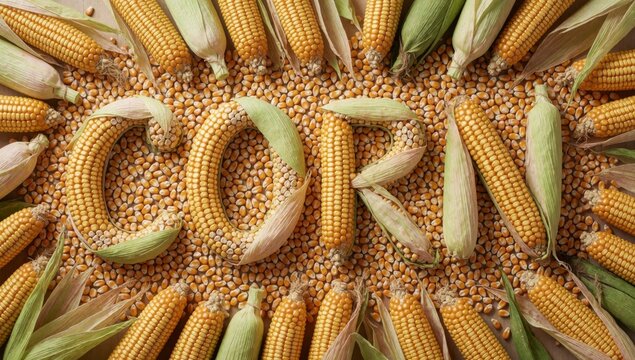 Close-up group corn kernels arranged circular pattern different sizes colors yellow others orange there green