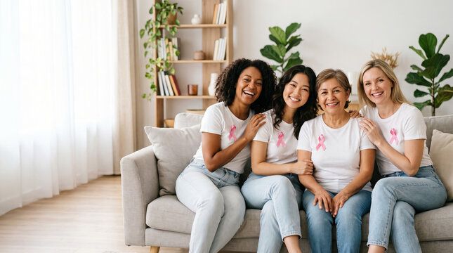 Four women across generations connecting in a bright living room