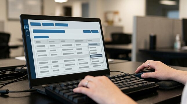 Clerk updating a returns record's disposition status on a dashboard interface - Reverse Logistics Stock Photo