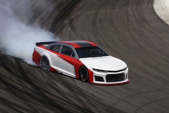 Stock Racing Car Slides Across Oval Track with Thick Tire Smoke Trailing Dramatically Behind It