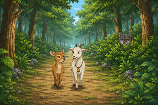 a mouse deer (kancil) and a goat walking together along a forest path while a wolf secretly watches them from behind dense bushes