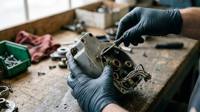 Worker disassembling a scrap-bound returned item for parts salvage - Reverse Logistics Stock Photo