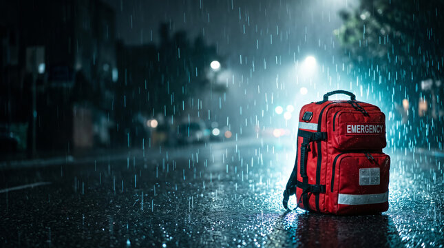 Red emergency backpack in heavy rain with dark urban copy space
