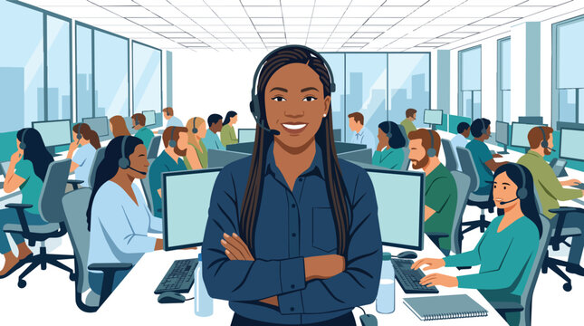 Customer service representative leading call center team flat vector illustration for global helpdesk and technical support outsourcing