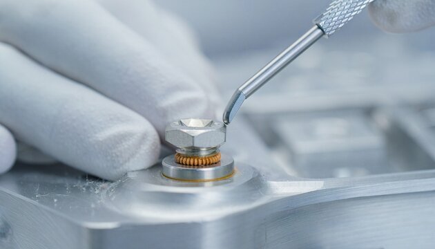 Precision Engineering A Close-Up View of a Worker's Hands Assembling a Component in a Modern Industry Setting