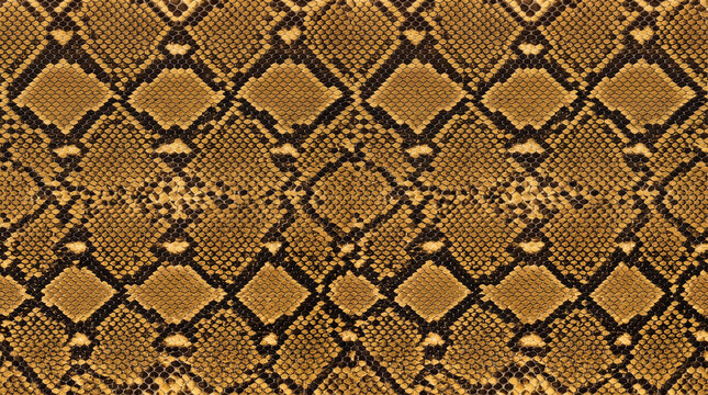 Close-up python snake skin texture with golden brown scales and dark geometric markings, creating a bold natural reptile pattern for fashion, backgrounds and decorative design.